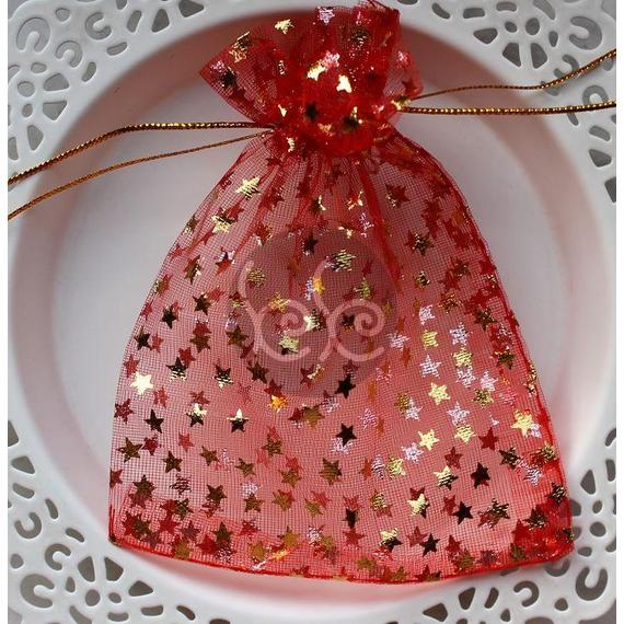 Piros-arany pici csillagos organza tasak (9x12cm)