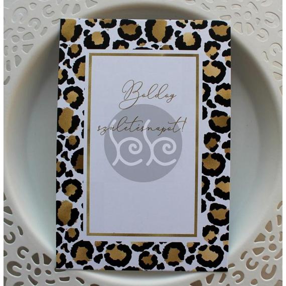 Leopárd mintás BOLDOG SZÜLETÉSNAPOT kísérőkártya 7,7x11 cm