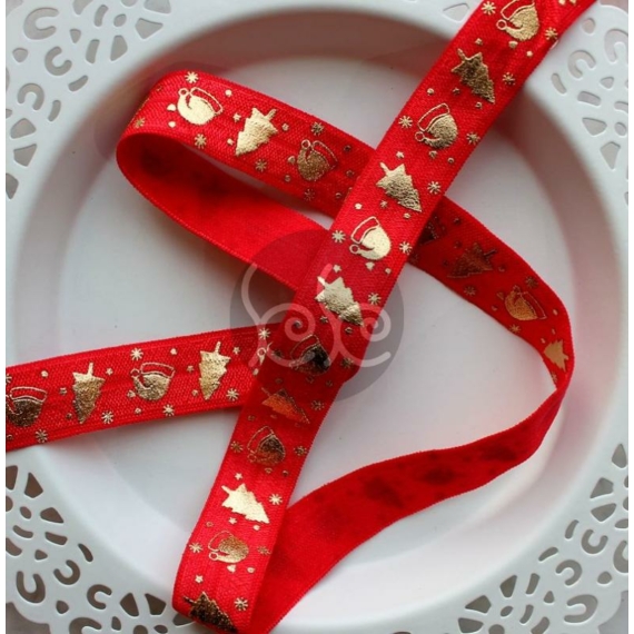 Piros-arany karácsonyi mintás gumis szalag 1,6 cm