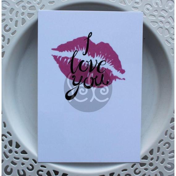 Rózsaszín szájas I LOVE YOU kísérőkártya 7,7x11 cm
