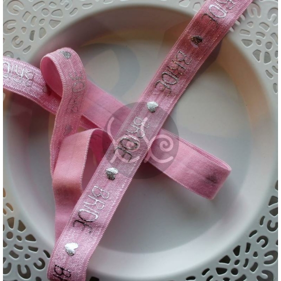 Rózsaszín-ezüst szíves BRIDE gumis szalag 1,6 cm x 1 m