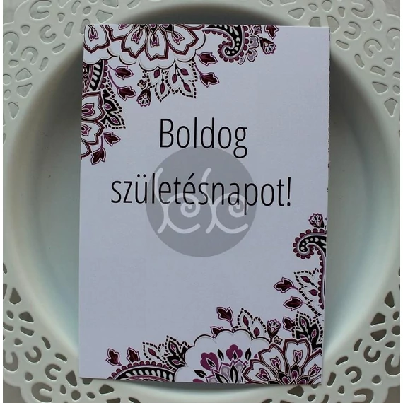 Bordó virágos BOLDOG SZÜLETÉSNAPOT kísérőkártya 11x7 cm