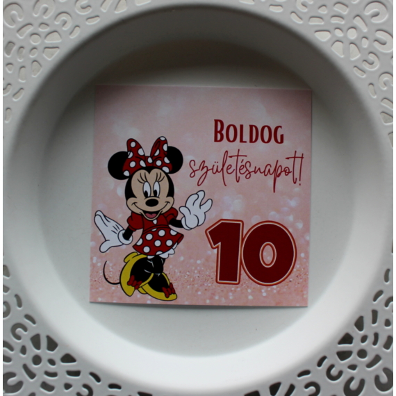 Minnie egeres "Boldog születésnapot! 10" kísérőkártya kb 7,5x7,5 cm