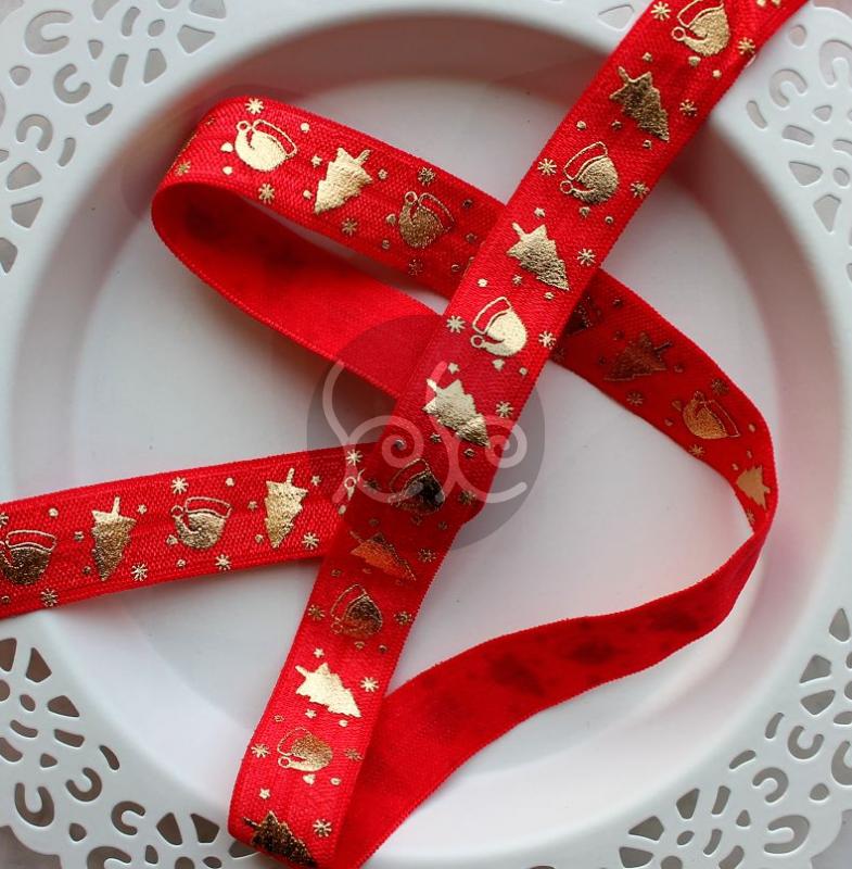 Piros-arany karácsonyi mintás gumis szalag 1,6 cm
