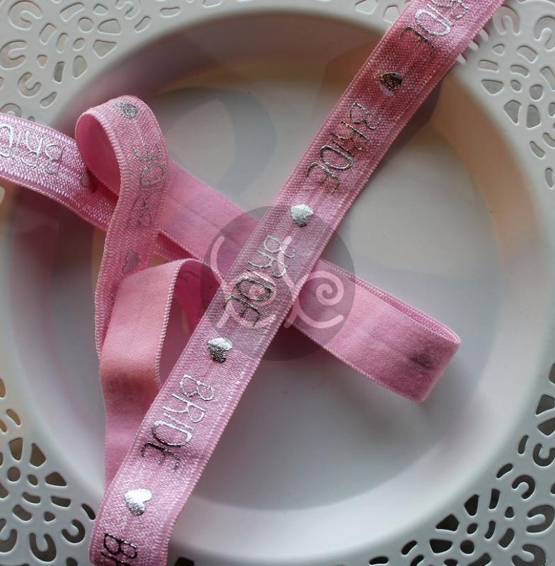 Rózsaszín-ezüst szíves BRIDE gumis szalag 1,6 cm x 1 m