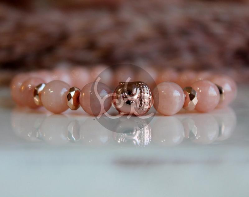 Púder rózsaszín jade-hematit buddhás ásvány karkötő 8 mm