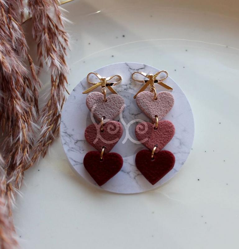 Rózsaszín tripla szív fülbevaló (pár)